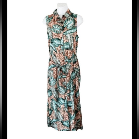 ✨NWT G By Guliana Tropical cheetah Green Sleeveless Dress button down tie waist - Picture 1 of 6